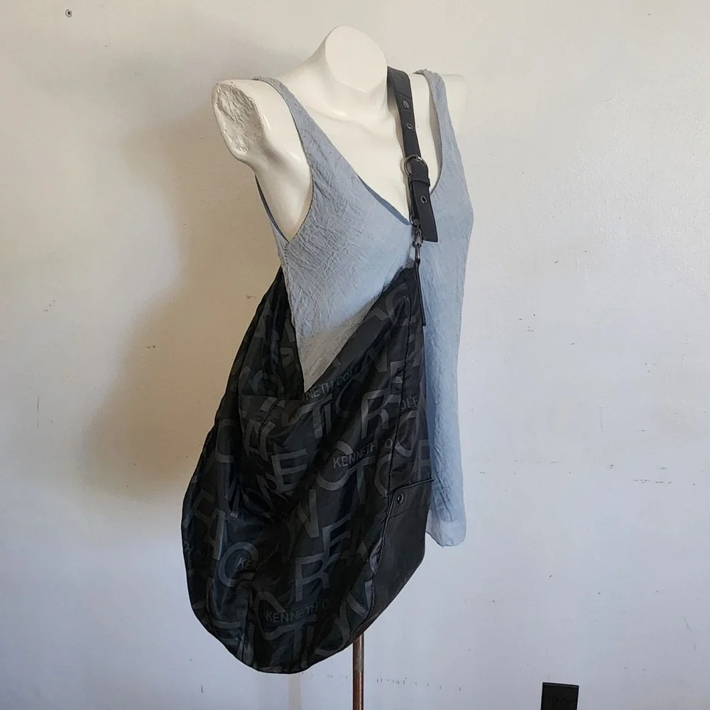 Kenneth Cole Reaction Nylon Slouchy Hobo Bag Black Monogrammed Oversized Casual